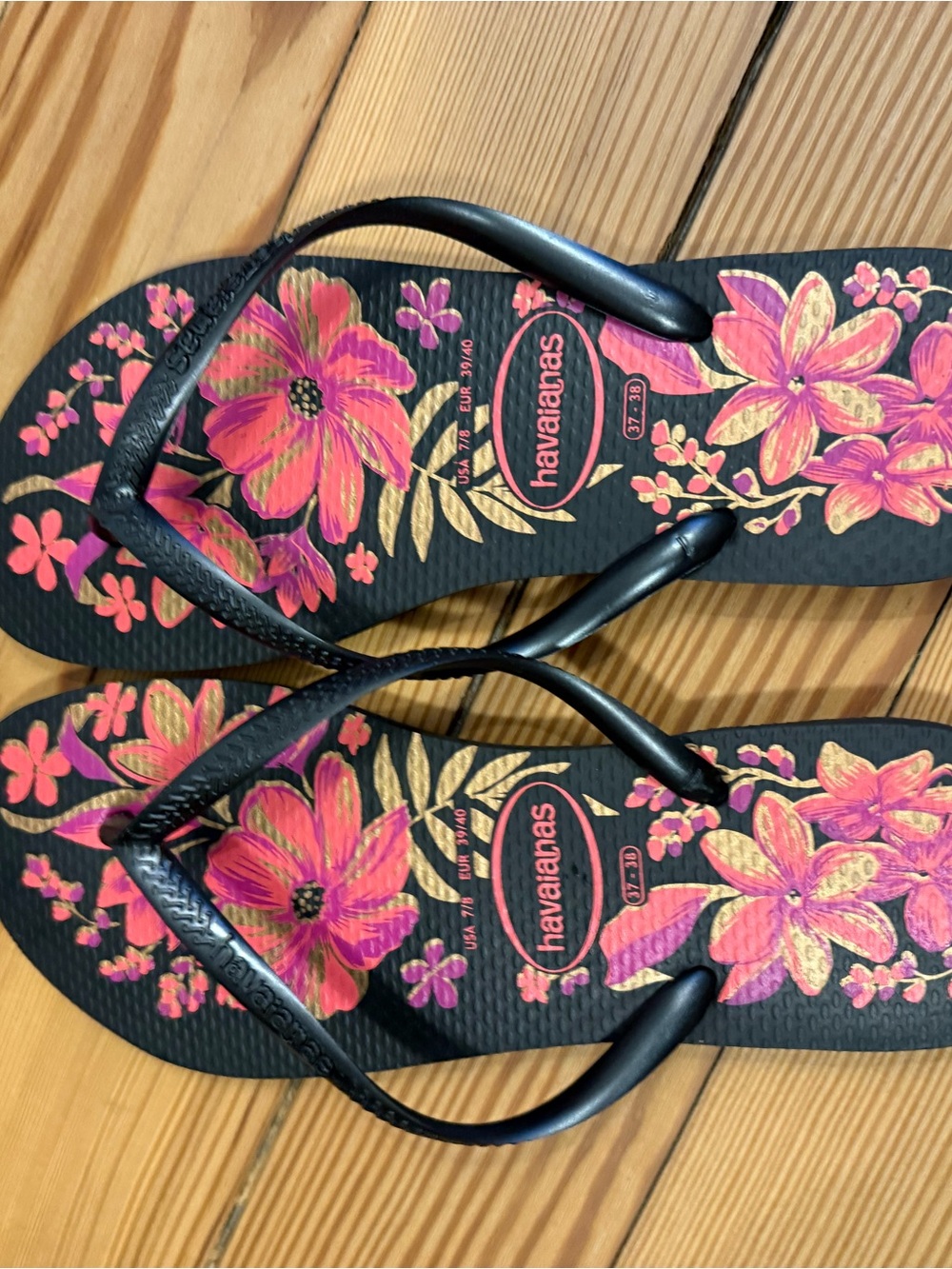 Havaianas Black Flip Flops with Pink Floral Design
